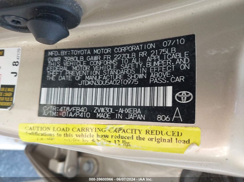 2010 Toyota Prius Iii VIN: JTDKN3DU5A0210975 Lot: 39600966