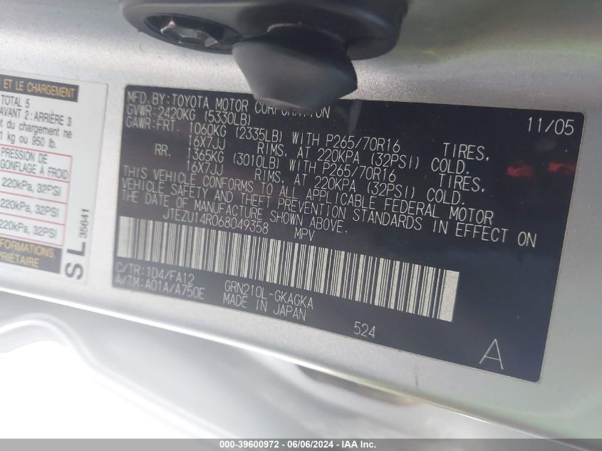 2006 Toyota 4Runner Sr5 V6 VIN: JTEZU14R068049358 Lot: 39600972