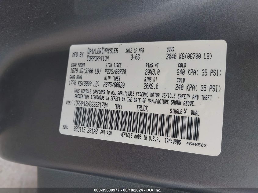 2006 Dodge Ram 1500 Slt VIN: 1D7HA18N66S621784 Lot: 39600977