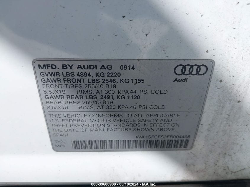 2015 Audi Q3 2.0T Premium Plus VIN: WA1GFCFS3FR004498 Lot: 39600988