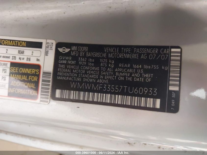 2007 Mini Cooper VIN: WMWMF33557TU60933 Lot: 39601000