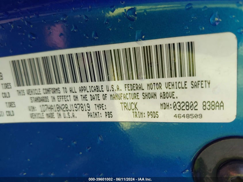 2008 Dodge Ram 1500 St/Sxt VIN: 1D7HA18N28J197819 Lot: 39601002
