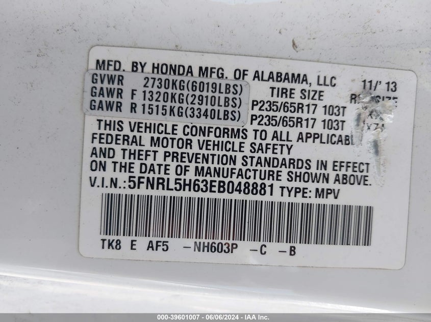 2014 Honda Odyssey Ex-L VIN: 5FNRL5H63EB048881 Lot: 39601007