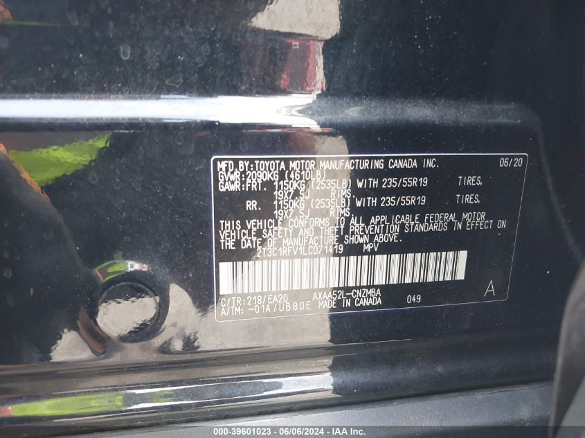 2020 Toyota Rav4 Xle Premium VIN: 2T3C1RFV1LC071419 Lot: 39601023