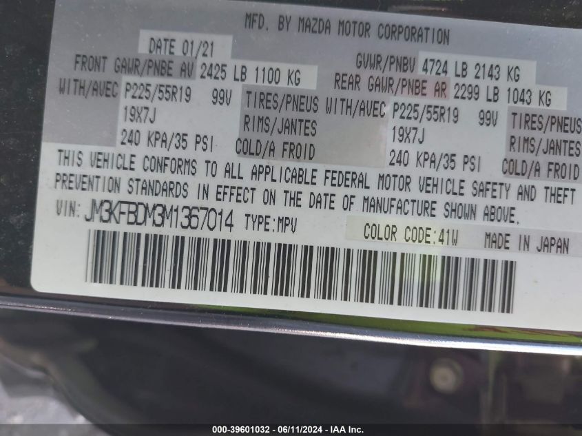 2021 Mazda Cx-5 Grand Touring VIN: JM3KFBDM3M1367014 Lot: 39601032