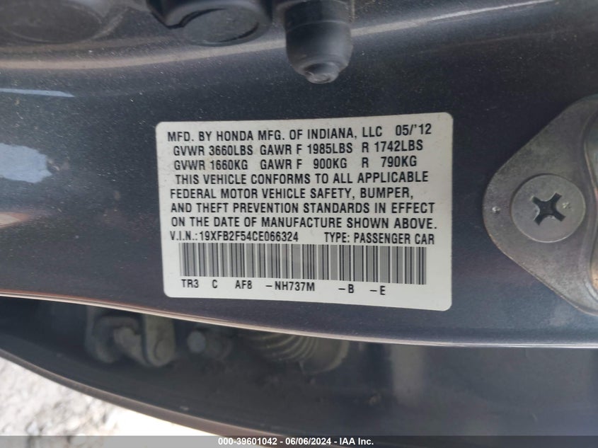 2012 Honda Civic Lx VIN: 19XFB2F54CE066324 Lot: 39601042