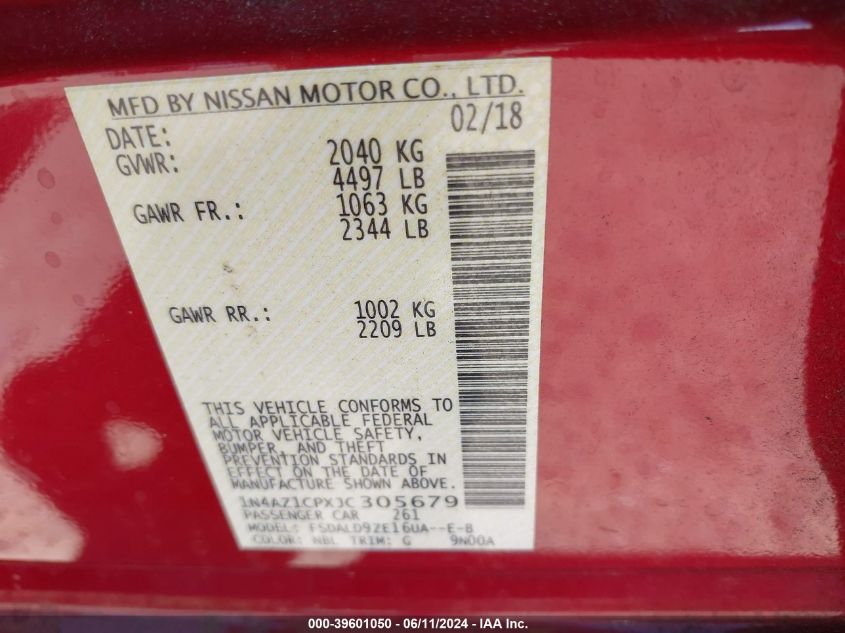 2018 Nissan Leaf Sv VIN: 1N4AZ1CPXJC305679 Lot: 39601050