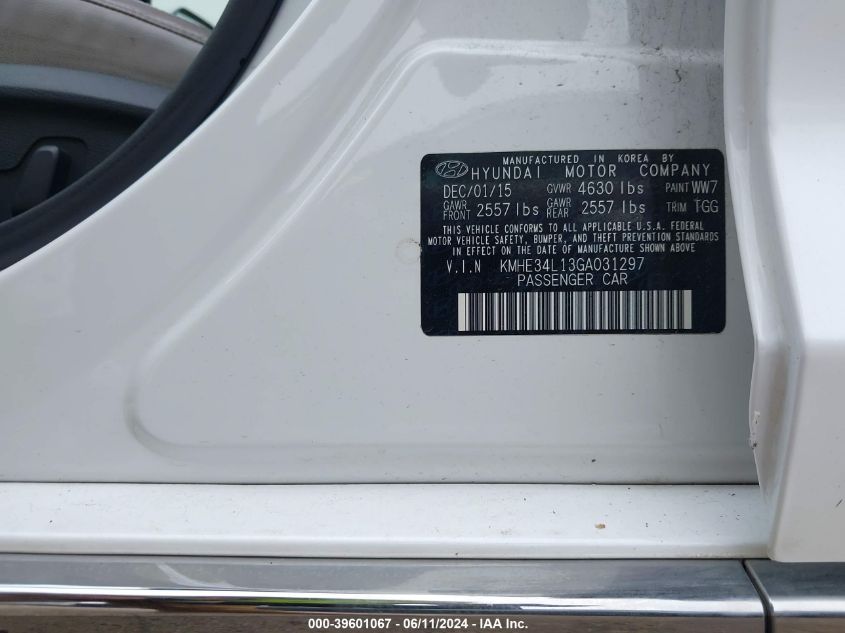 2016 Hyundai Sonata Hybrid Limited VIN: KMHE34L13GA031297 Lot: 39601067