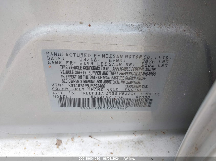 2018 Nissan Sentra S VIN: 3N1AB7AP9JY293460 Lot: 39601080