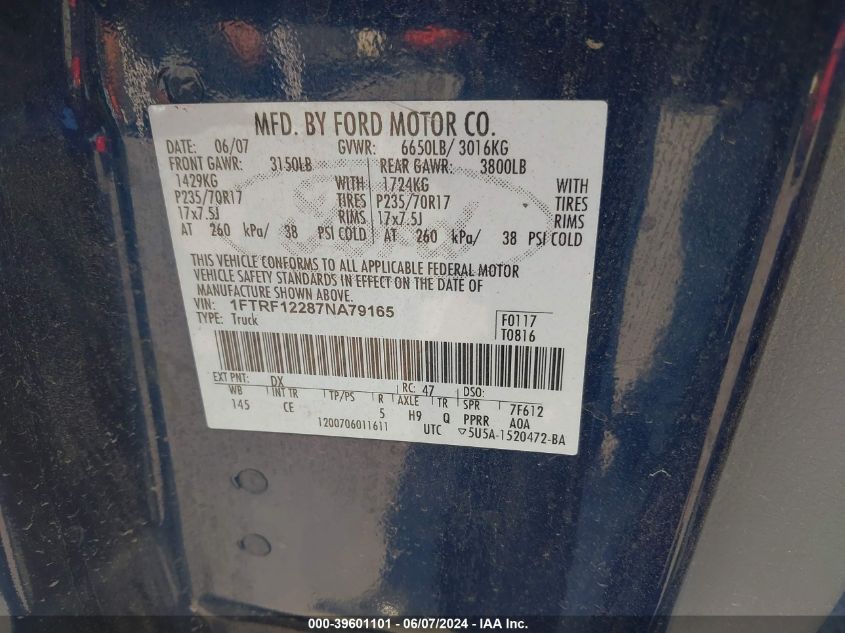 2007 Ford F-150 Stx/Xl/Xlt VIN: 1FTRF12287NA79165 Lot: 39601101