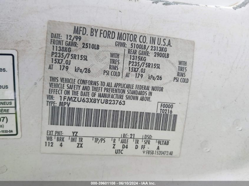 2000 Ford Explorer Xlt VIN: 1FMZU63X8YUB23763 Lot: 39601108