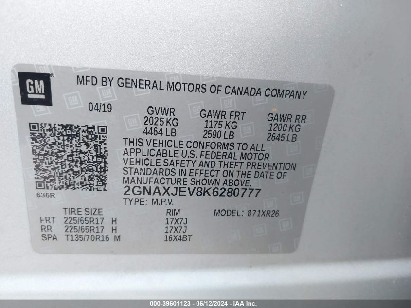 2019 Chevrolet Equinox Lt VIN: 2GNAXJEV8K6280777 Lot: 39601123