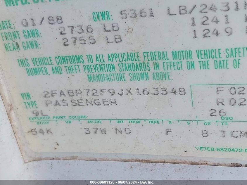 1988 Ford Crown Victoria S VIN: 2FABP72F9JX163348 Lot: 39601128