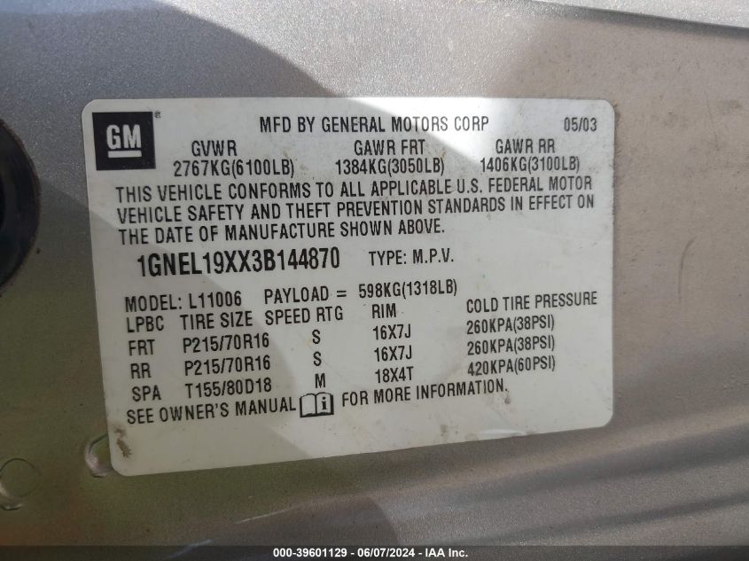 2003 Chevrolet Astro Ls VIN: 1GNEL19XX3B144870 Lot: 39601129