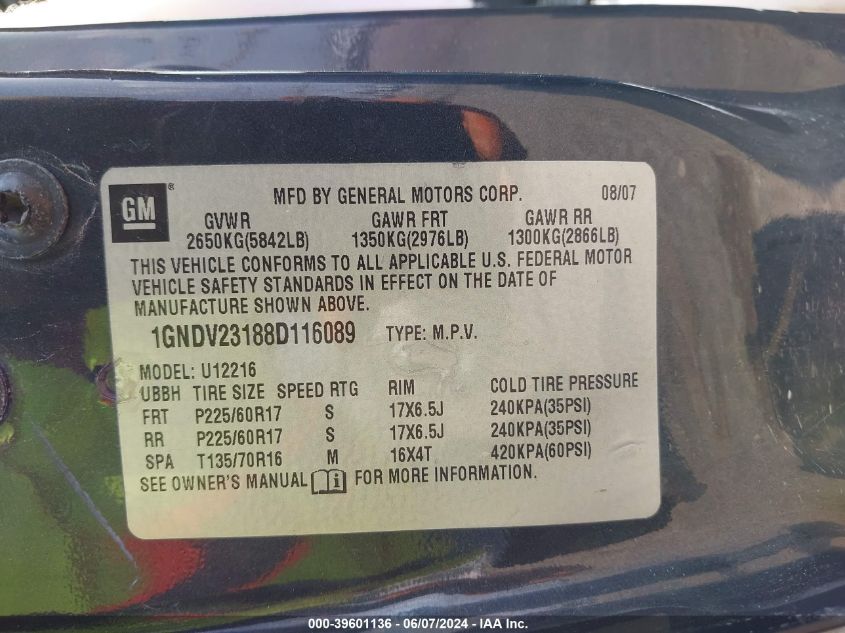 2008 Chevrolet Uplander Ls VIN: 1GNDV23188D116089 Lot: 39601136