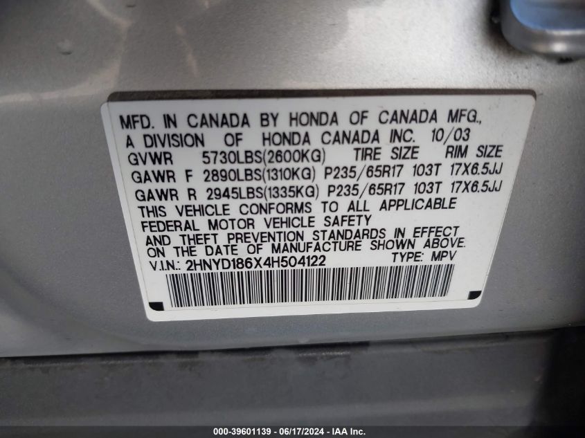 2004 Acura Mdx VIN: 2HNYD186X4H504122 Lot: 39601139