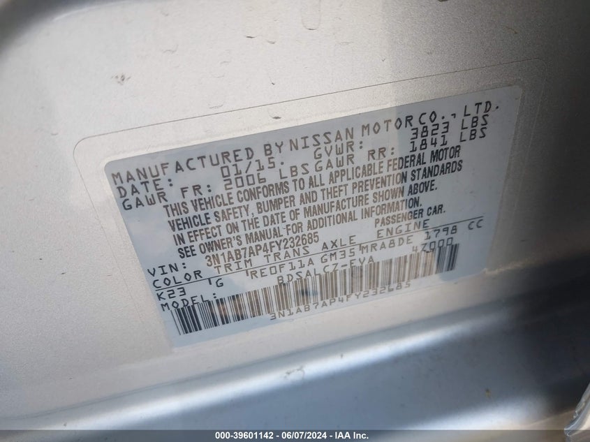 2015 Nissan Sentra S VIN: 3N1AB7AP4FY232685 Lot: 39601142