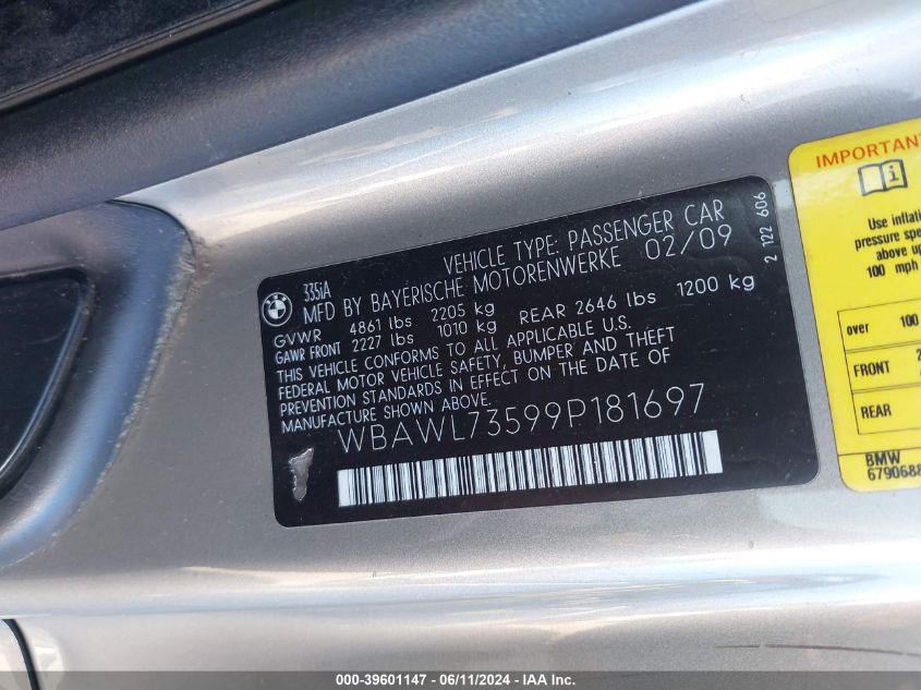 2009 BMW 335I VIN: WBAWL73599P181697 Lot: 39601147