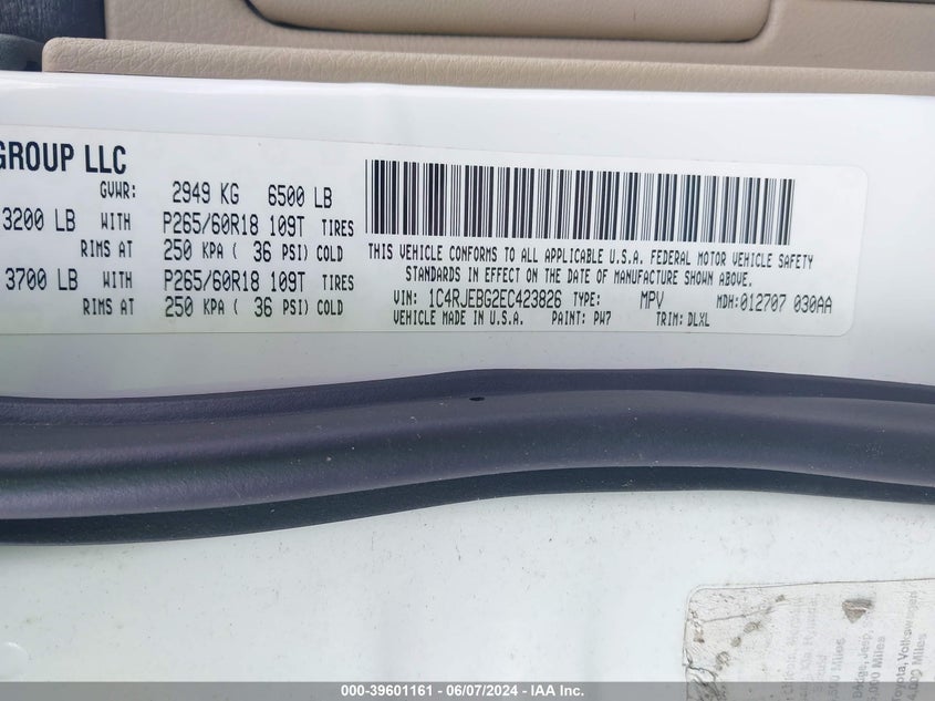 2014 Jeep Grand Cherokee Limited VIN: 1C4RJEBG2EC423826 Lot: 39601161