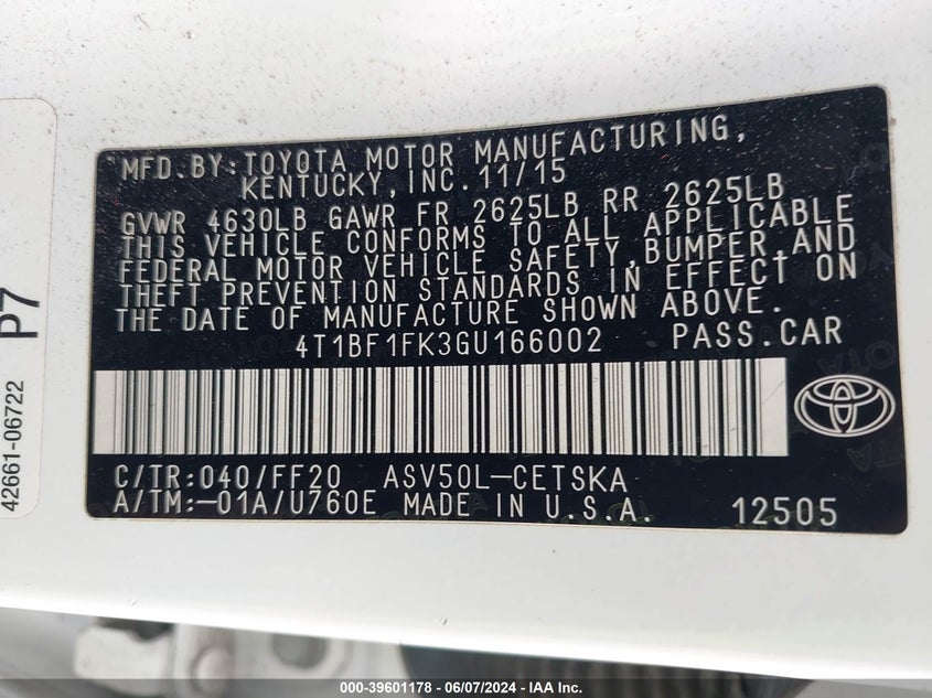 2016 Toyota Camry Se VIN: 4T1BF1FK3GU166002 Lot: 39601178