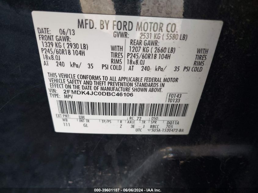 2013 Ford Edge Sel VIN: 2FMDK4JC0DBC46106 Lot: 39601187