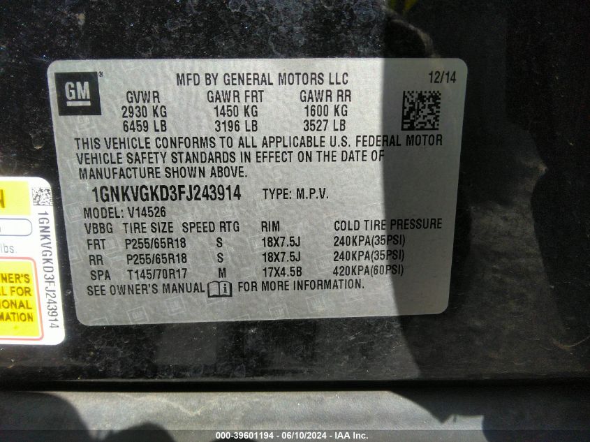 2015 Chevrolet Traverse 1Lt VIN: 1GNKVGKD3FJ243914 Lot: 39601194