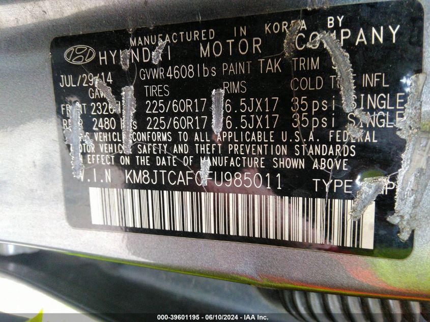 2015 Hyundai Tucson Gls VIN: KM8JTCAF0FU985011 Lot: 39601195