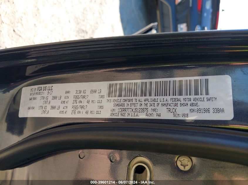 2018 Ram 1500 Slt 4X4 6'4 Box VIN: 1C6RR7TTXJS123975 Lot: 39601214