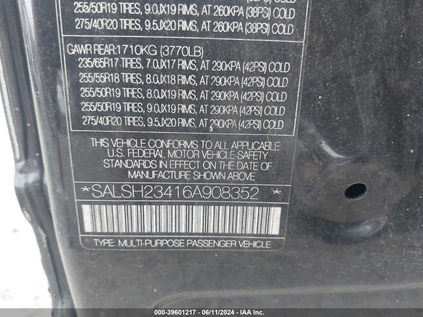 2006 Land Rover Range Rover Sport Supercharged VIN: SALSH23416A908352 Lot: 39601217