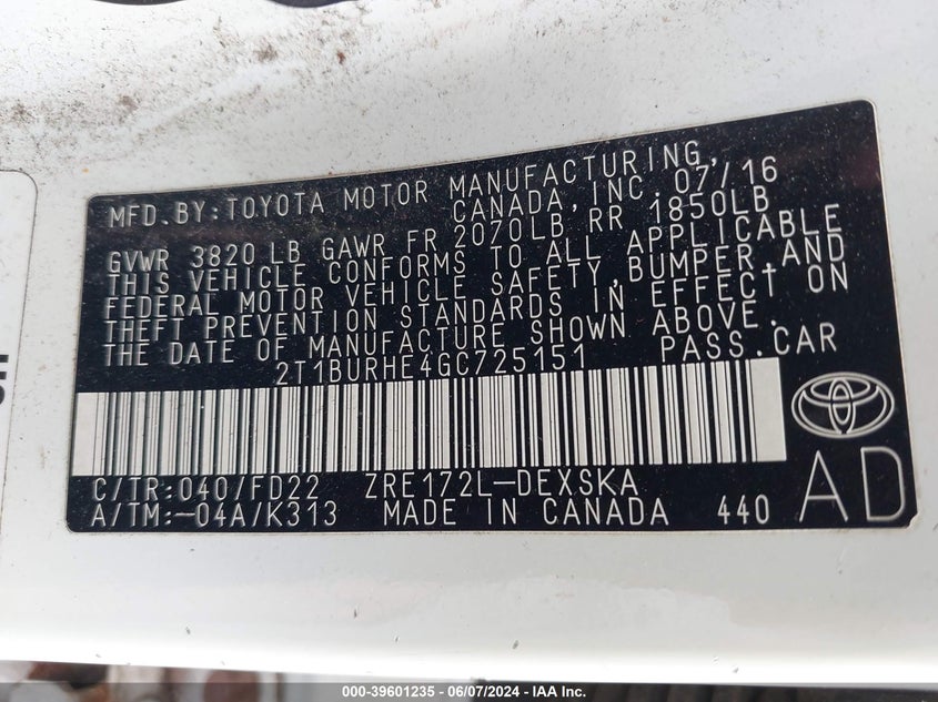 2016 Toyota Corolla S Plus VIN: 2T1BURHE4GC725151 Lot: 39601235