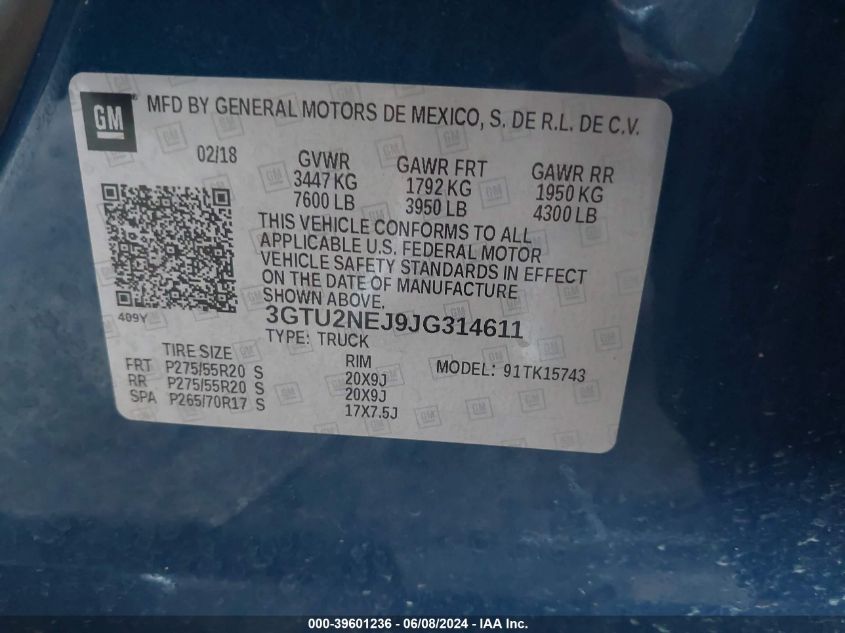 2018 GMC Sierra 1500 Slt VIN: 3GTU2NEJ9JG314611 Lot: 39601236