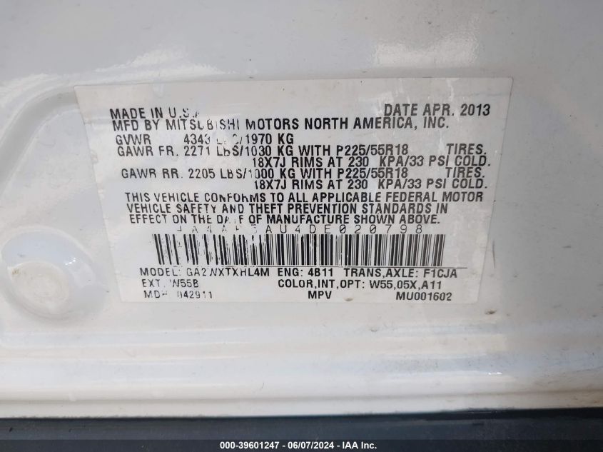 2013 Mitsubishi Outlander Sport Le VIN: 4A4AP5AU4DE020798 Lot: 39601247