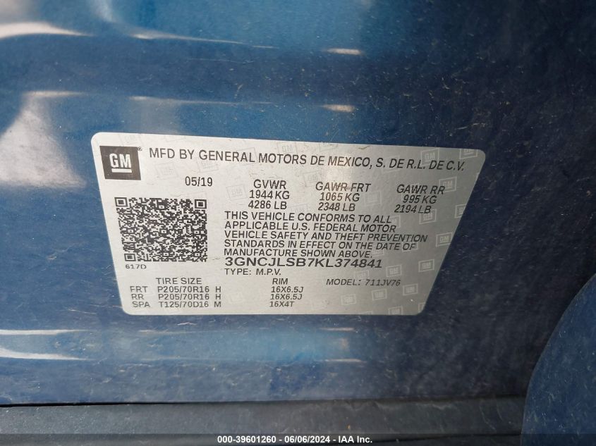 2019 Chevrolet Trax Lt VIN: 3GNCJLSB7KL374841 Lot: 39601260