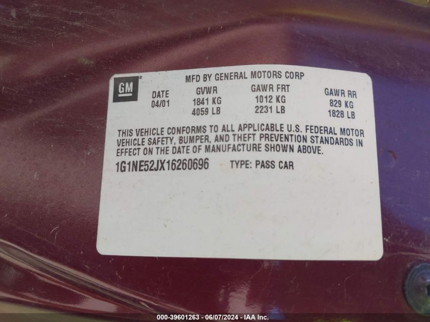 2001 Chevrolet Malibu Ls VIN: 1G1NE52JX16260696 Lot: 39601263
