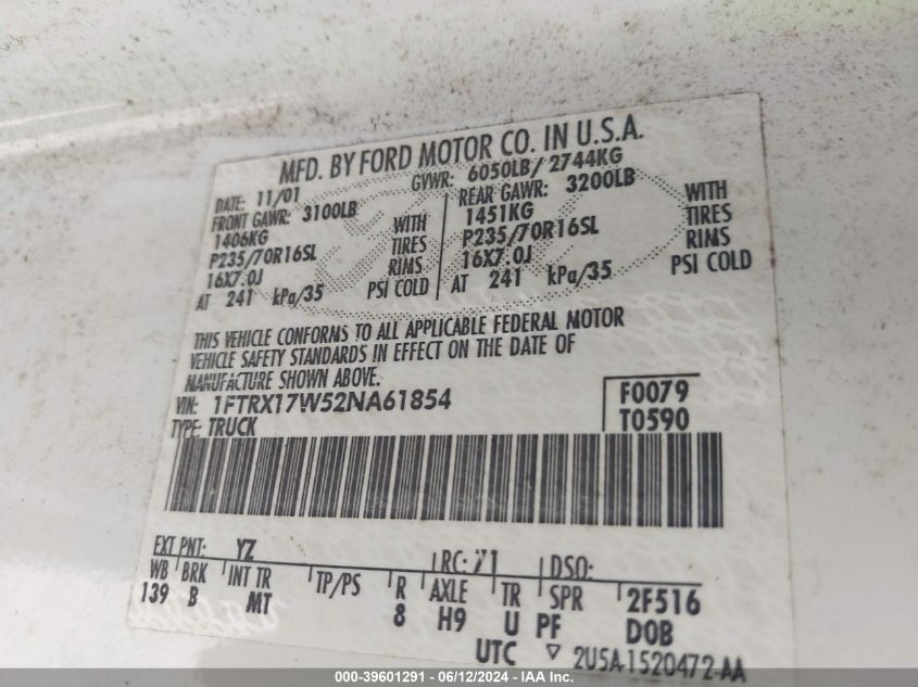 2002 Ford F-150 Lariat/Xl/Xlt VIN: 1FTRX17W52NA61854 Lot: 39601291