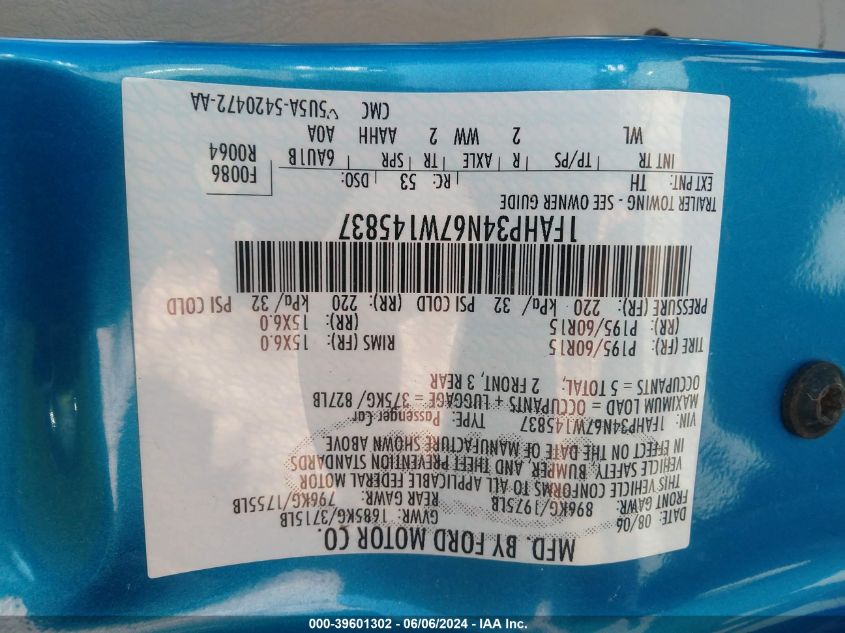 2007 Ford Focus S/Se/Ses VIN: 1FAHP34N67W145837 Lot: 39601302