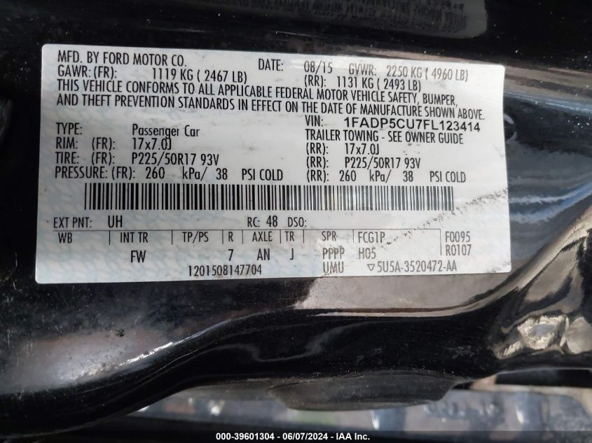 2015 Ford C-Max Energi Sel VIN: 1FADP5CU7FL123414 Lot: 39601304