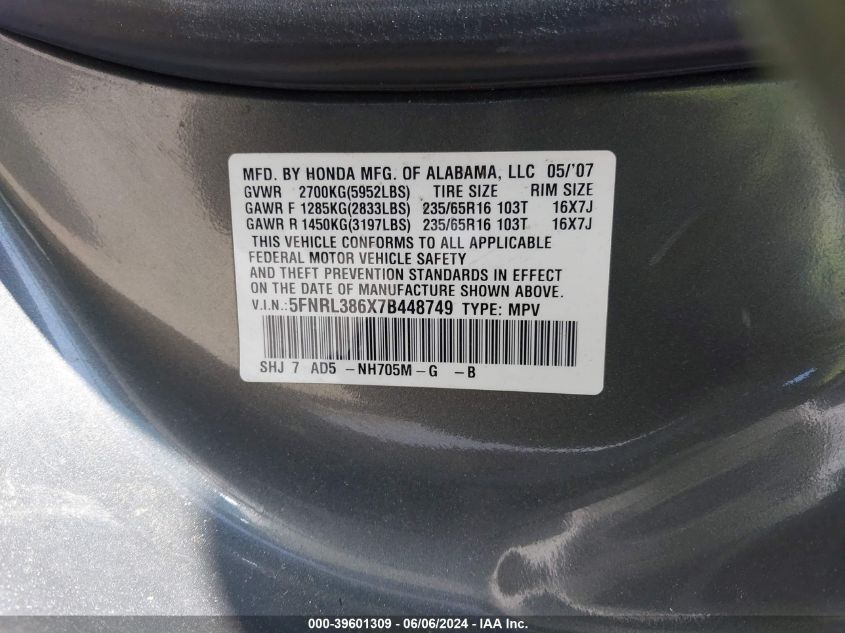 2007 Honda Odyssey Ex-L VIN: 5FNRL386X7B448749 Lot: 39601309