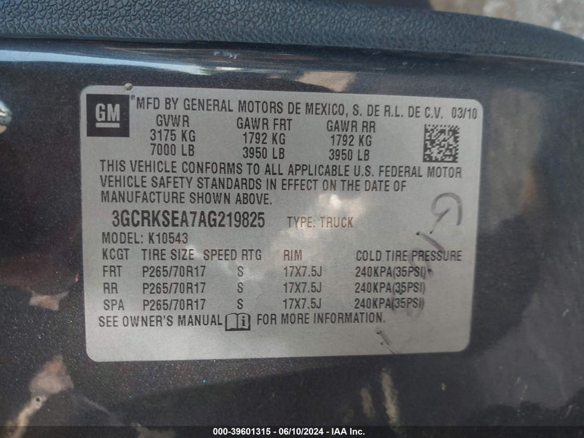 2010 Chevrolet Silverado 1500 Lt VIN: 3GCRKSEA7AG219825 Lot: 39601315