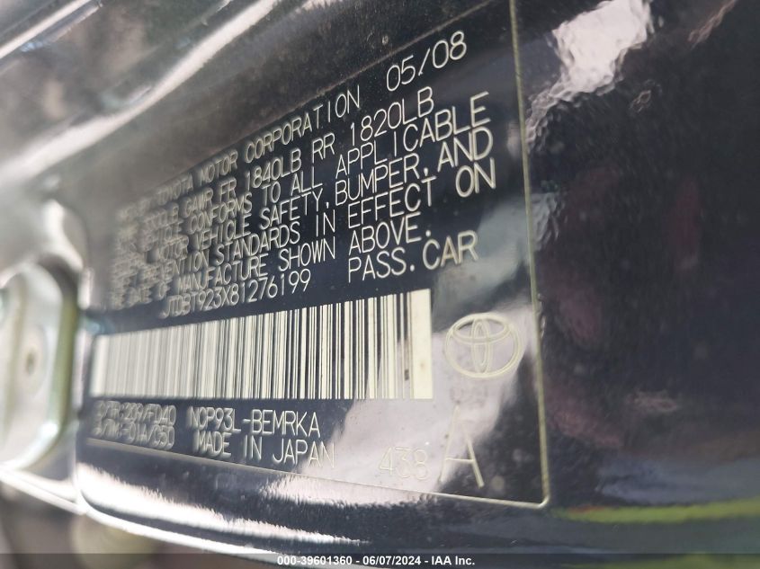 2008 Toyota Yaris VIN: JTDBT923X81276199 Lot: 39601360