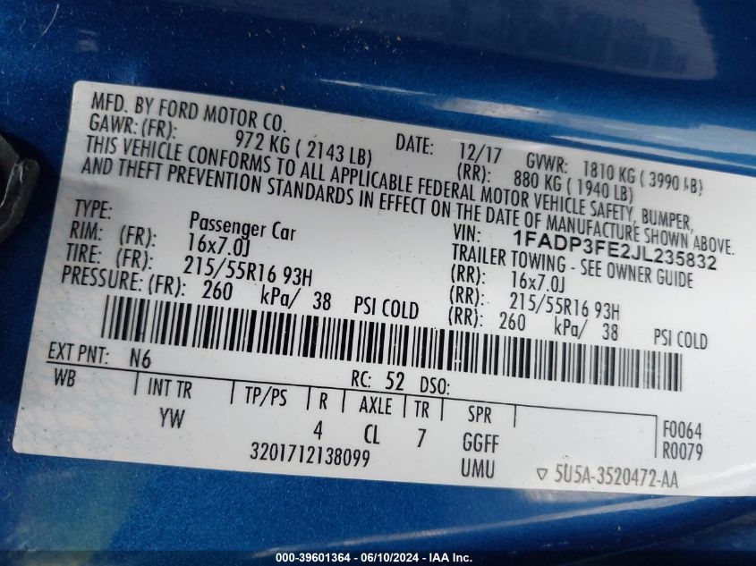 2018 Ford Focus Se VIN: 1FADP3FE2JL235832 Lot: 39601364