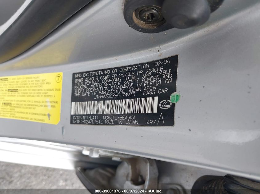 2006 Lexus Es 330 VIN: JTHBA30GX65174933 Lot: 39601376
