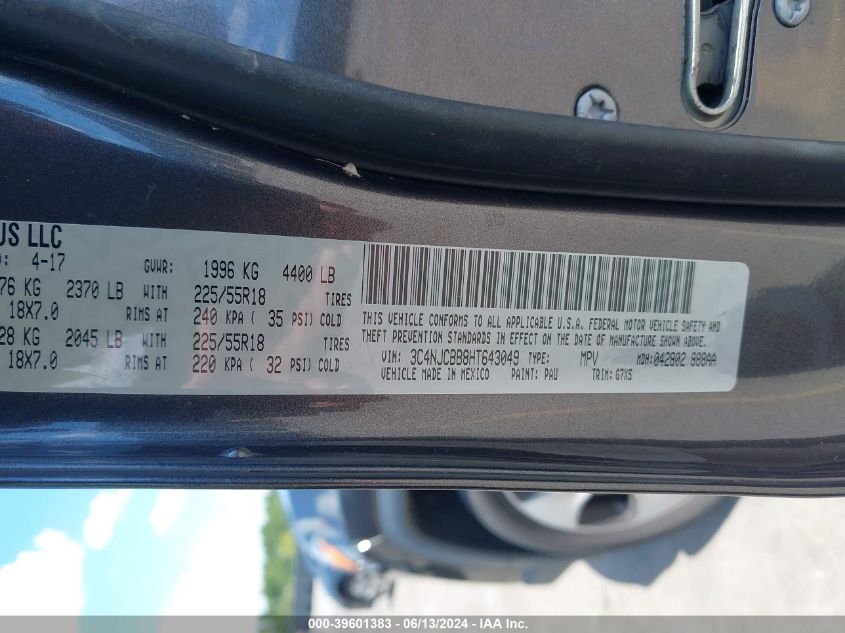 2017 Jeep New Compass Latitude Fwd VIN: 3C4NJCBB8HT643049 Lot: 39601383