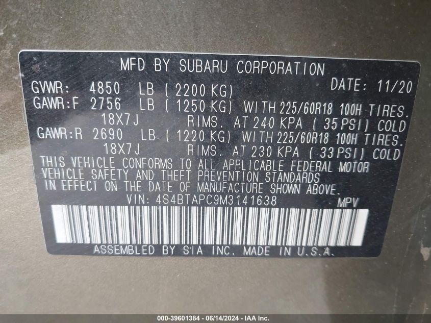 2021 Subaru Outback Touring VIN: 4S4BTAPC9M3141638 Lot: 39601384