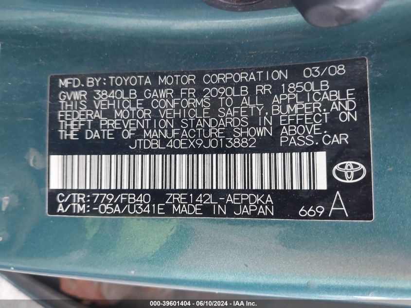 2009 Toyota Corolla VIN: JTDBL40EX9J013882 Lot: 39601404