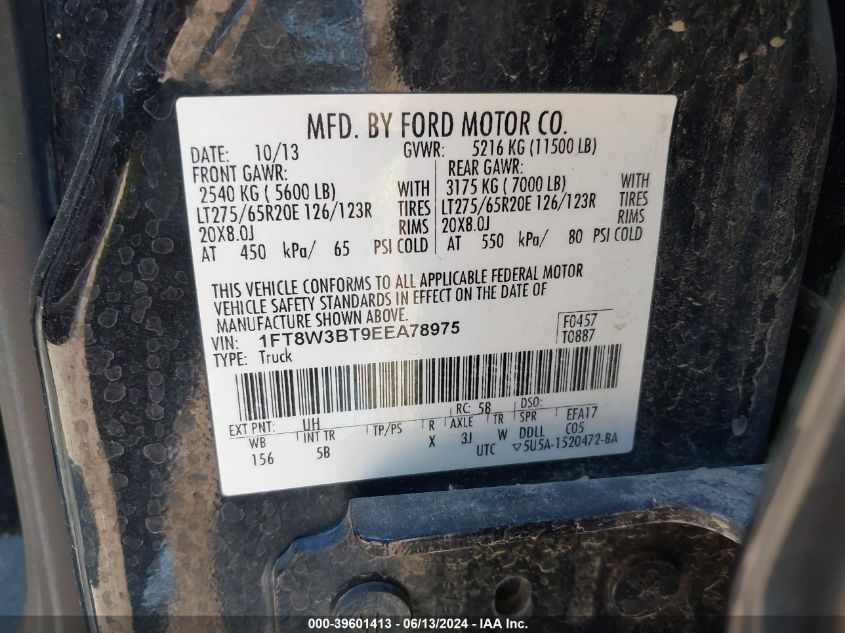 2014 Ford F-350 Lariat VIN: 1FT8W3BT9EEA78975 Lot: 39601413