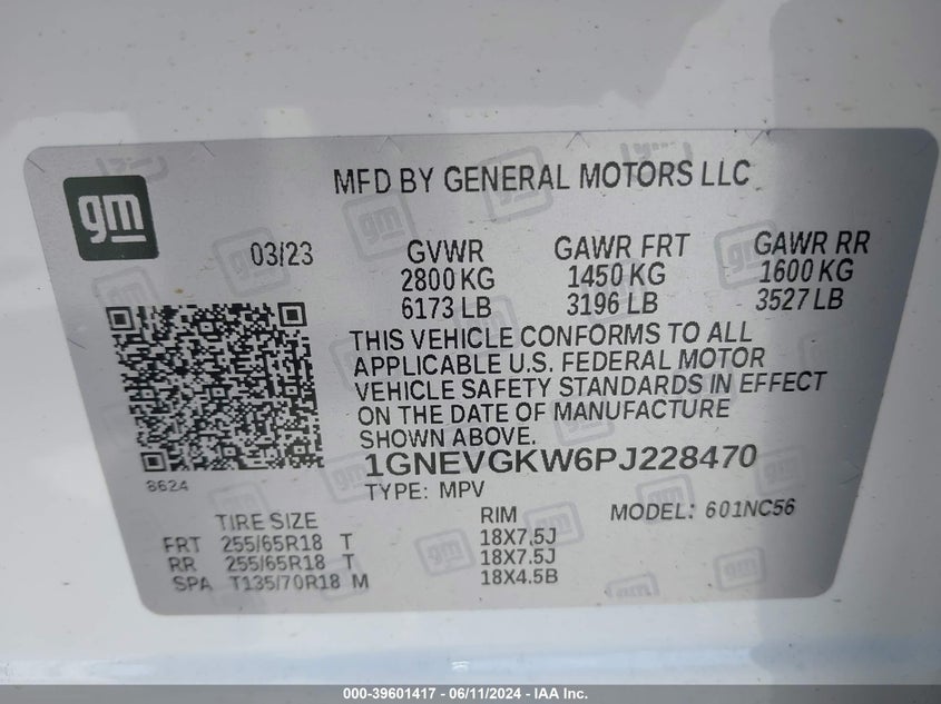 2023 Chevrolet Traverse Awd Lt Cloth VIN: 1GNEVGKW6PJ228470 Lot: 39601417