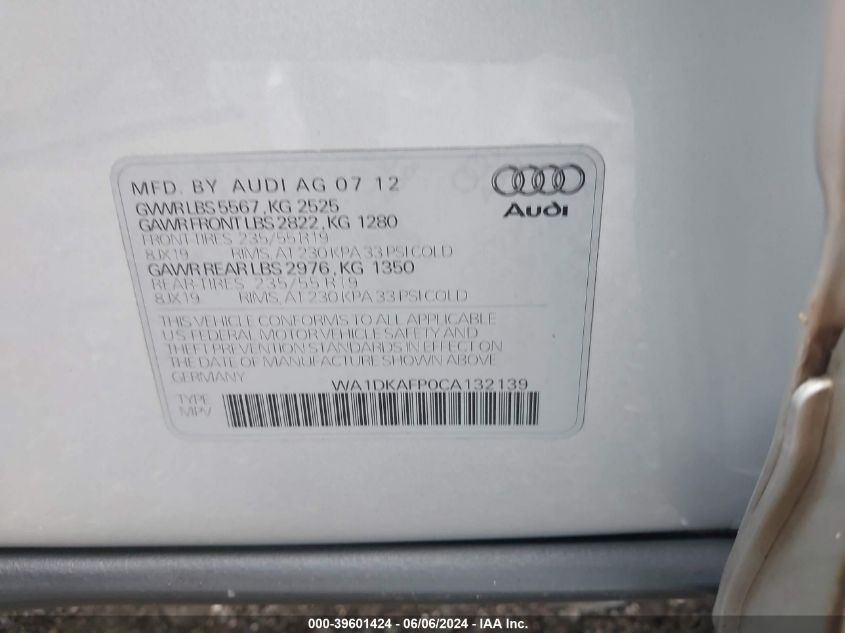 2012 Audi Q5 3.2 Premium Plus VIN: WA1DKAFP0CA132139 Lot: 39601424