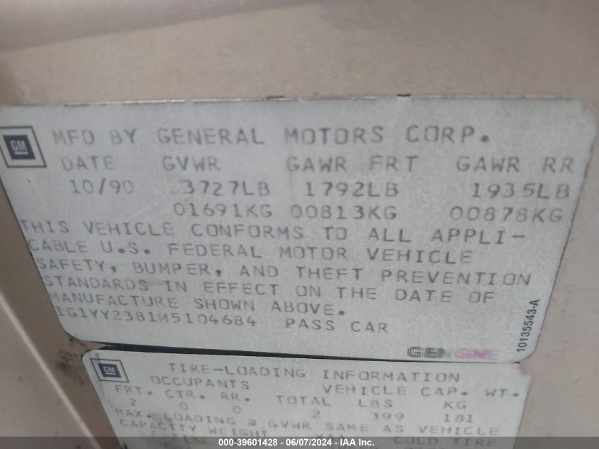 1991 Chevrolet Corvette VIN: 1G1YY2381M5104684 Lot: 39601428