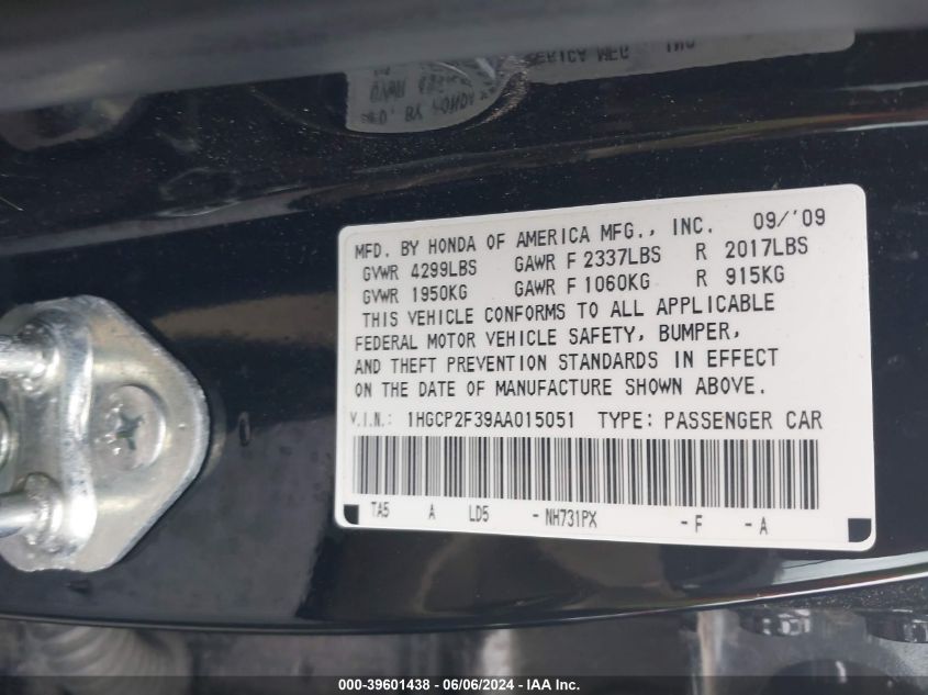 2010 Honda Accord 2.4 Lx VIN: 1HGCP2F39AA015051 Lot: 39601438